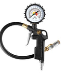 Tire Inflator Deflator Gauge With Two And A Half Inch Dial, Brass Lock On Chuck, 13 Inch Rubber Hose, 0-220 PSI Range, All In One Air Pressure Tool