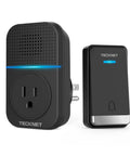 Wireless Doorbell With Pass Through Socket Dope IP66 Waterproof 1300 Ft Range Cordless Chime Unit 60 Ringtones Five Volume Levels 0 To 110 DB Ideal For Home Or Classroom, black doorbell unit with blue light and plug socket, side and front view.