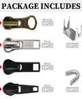 24Pcs Zipper Sliders Replacement Kit With Stops For Metal Plastic Nylon Coil Jackets Sizes 5 And 7, shown with bronze, silver, black sliders.