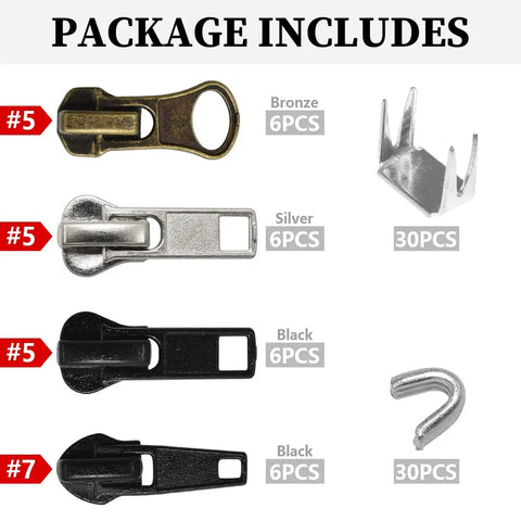 24Pcs Zipper Sliders Replacement Kit With Stops For Metal Plastic Nylon Coil Jackets Sizes 5 And 7, shown with bronze, silver, black sliders.