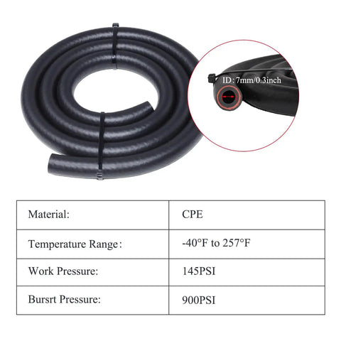 High Performance Aluminum Transmission Oil Cooler Kit hose with 5 sixteenth inch tubing, black coiled and labeled material and specs