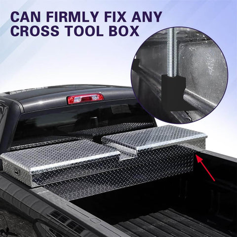 Built Tough Aluminum Mounting Clamps For Pickup Truck Tool Box Set With J Hook Crossover Mounts installed on truck bed