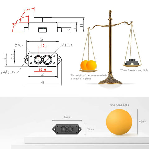 Dead Precise Micro Lidar Sensor Module For Drone And Robot Building Featuring Time Of Flight Laser Ranging From 0.1 To 12 Meters With Hella Fast 1000 Hertz Frame Rates For Legend Weekend Projects depicted with measurements and weight comparison to ping-pong balls.