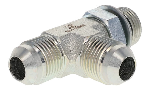 TITAN FITTINGS Run Tee, 1/4 JIC x 1/4 ORB x 1/4 JIC, metal plumbing fitting, three-port angled view