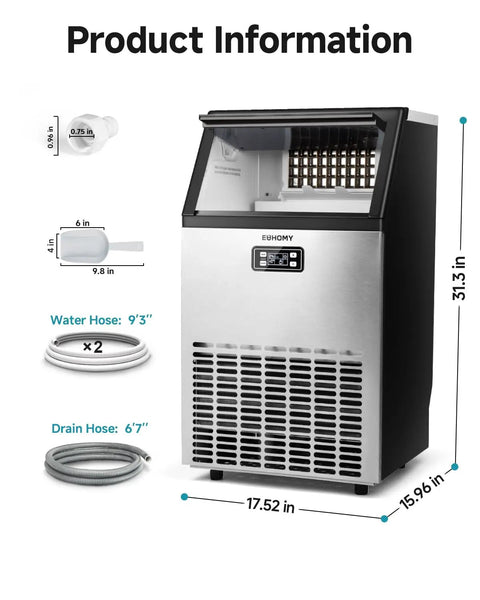 Heavy Duty Commercial Ice Maker Machine Delivers 100 Lbs Per Day, Stainless Steel Under Counter Freestanding Ice Maker With 33 Lb Ice Storage