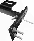 Heavy Duty Headboard Brackets For Metal Bed Frame Adjustable Mounting Hardware With Footboard Extension Kit Universal Fit. Close-up view of black steel bracket with bolts.