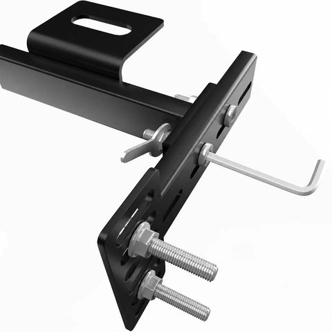 Heavy Duty Headboard Brackets For Metal Bed Frame Adjustable Mounting Hardware With Footboard Extension Kit Universal Fit. Close-up view of black steel bracket with bolts.