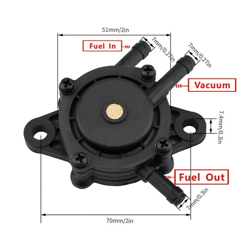 Top view of Replacement Fuel Pump Kit For Lawn Mowers And Garden Tractors Fits Briggs And Stratton 597338 808492 Kohler 17Hp To 27Hp Engines with labeled ports.