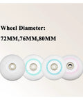 Three inline skate wheels in 76mm white replacement wheels for indoor outdoor use with high speed bearings, size comparison shown.