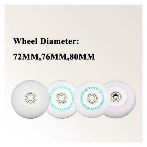 Three inline skate wheels in 76mm white replacement wheels for indoor outdoor use with high speed bearings, size comparison shown.
