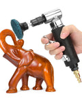 90 Degree Angle Die Grinder 20000 RPM Pneumatic Air Tool polishing wooden elephant statue with abrasive attachment.