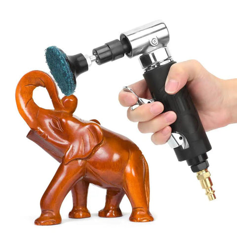 90 Degree Angle Die Grinder 20000 RPM Pneumatic Air Tool polishing wooden elephant statue with abrasive attachment.