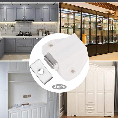 Strong Magnetic Catch Door Latch Set 8pcs with 7x4x1.6cm white ABS suction catches on kitchen cabinet doors.
