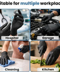 Heavy Duty Black Nitrile Exam Gloves Built Tough With Rock Solid 6 Mil Resistance Powder Free And Latex Free Construction Non Sterile used in hospital, garage, cleaning, and kitchen.