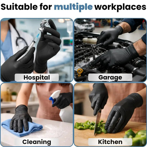 Heavy Duty Black Nitrile Exam Gloves Built Tough With Rock Solid 6 Mil Resistance Powder Free And Latex Free Construction Non Sterile used in hospital, garage, cleaning, and kitchen.