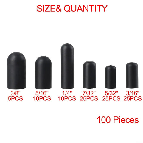 Top Tier 100-Piece Rubber Vacuum Cap Assortment Kit With 6 Sizes For Car Carburetor Manifold And Intake Lines Plus Storage Case For Easy Garage Work, six black rubber caps sizes 3/8 to 3/16 inches, 100 pieces