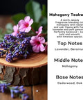 Premium Mahogany Teakwood Car Air Freshener 2 Pack With Hanging Essential Oil Diffuser Inside Sleek Glass Bottle Providing Long Lasting Dope Woodsy Scents For Fresh Ride Vibes with flowers and wood slice.