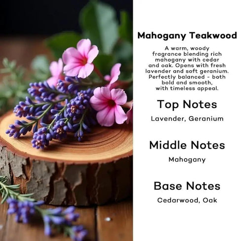 Premium Mahogany Teakwood Car Air Freshener 2 Pack With Hanging Essential Oil Diffuser Inside Sleek Glass Bottle Providing Long Lasting Dope Woodsy Scents For Fresh Ride Vibes with flowers and wood slice.