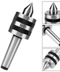 MT3 live center, heavy-duty Morse Taper 3, alloy steel body with knurled collar (front view).