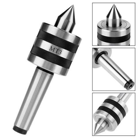MT3 live center, heavy-duty Morse Taper 3, alloy steel body with knurled collar (front view).
