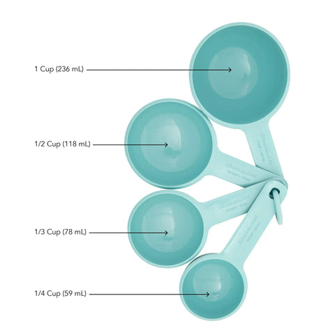 Aqua Sky Measuring Cups Set Of Four With One Quarter, One Third, One Half, And One Cup Sizes, Easy Read Markings Assembled on Ring