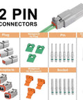 2 Pin Waterproof Deutsch Style Wire Connector Set With DT04 2P DT06 2S Solid Contacts And Sealing Plugs, components displayed