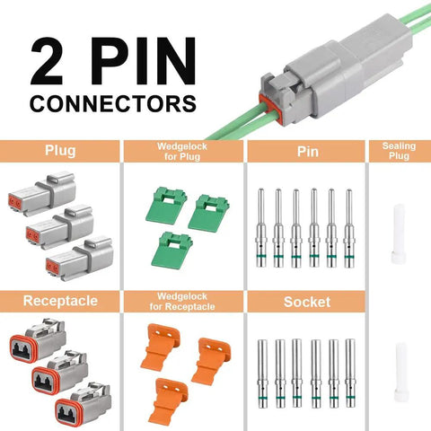 2 Pin Waterproof Deutsch Style Wire Connector Set With DT04 2P DT06 2S Solid Contacts And Sealing Plugs, components displayed
