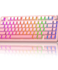 Dead Quiet Pink 75 Percent Wireless Mechanical Keyboard With Hot Swap Slots And Turn Dial, Bt50 And 24Ghz Wireless Setup, Pre Lubed Silent Switches With RGB Backlight and smooth side printed PBT keycaps, angled view with vibrant lighting.