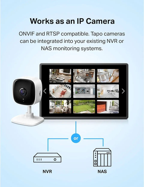 2K Indoor Wired Security Camera For Home Use With Baby Monitor And Pet Cam, shown with IP camera integration illustration