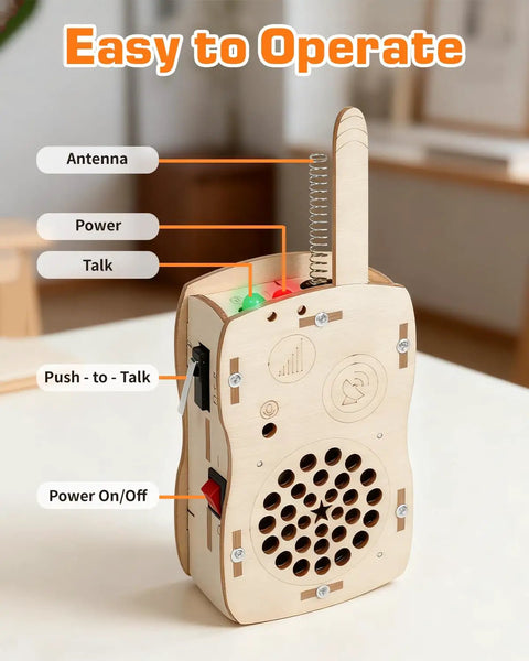 DIY Walkie Talkie Kit For Kids Age 8-14 wooden handheld kit with antenna, buttons, and speaker