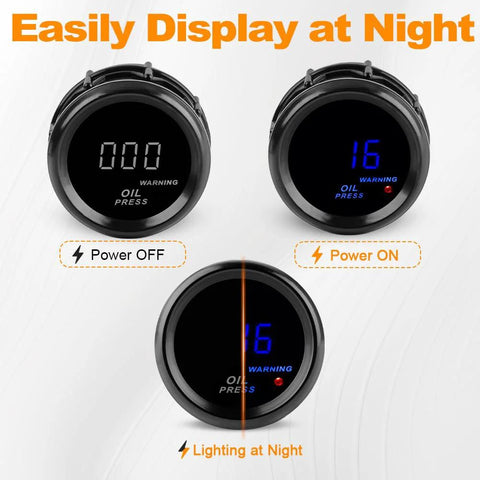 Three-angle view of oil pressure gauge, 2-inch/52mm, digital blue display, 0–150 PSI, DC12V for marine and automotive use