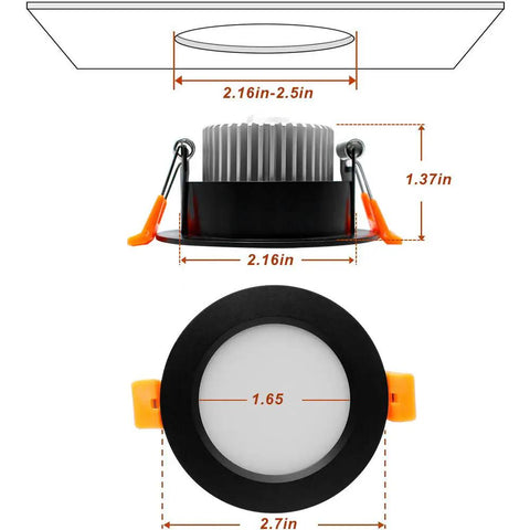 2 Inch LED Recessed Lights 3W Dimmable Downlights 3000K Warm White CRI80 Energy Saver Replace 35W Halogen, dimensions shown