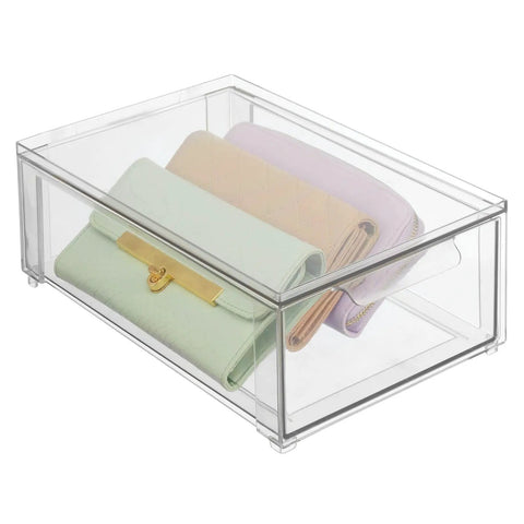 Clear Stackable Closet Organizer Bin With Pull Out Drawer For Shoes Clothes Bags And Small Linens Space Saving See Through Storage