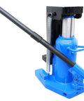 Heavy Duty Workhorse Air Hydraulic Toe Jack 15 To 30 Ton Lift Capacity Garage Ready, blue steel construction with lifting handle.