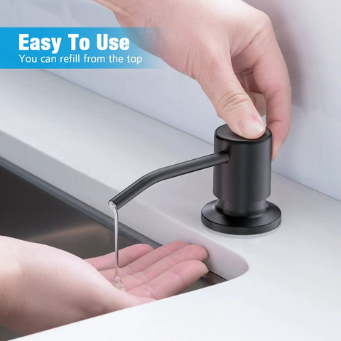 Hand using Matte Black Stainless Steel Kitchen Sink Soap Dispenser Pump With 17 Oz Refill Bottle, No Fuss Easy Install Refillable Soap Dispenser