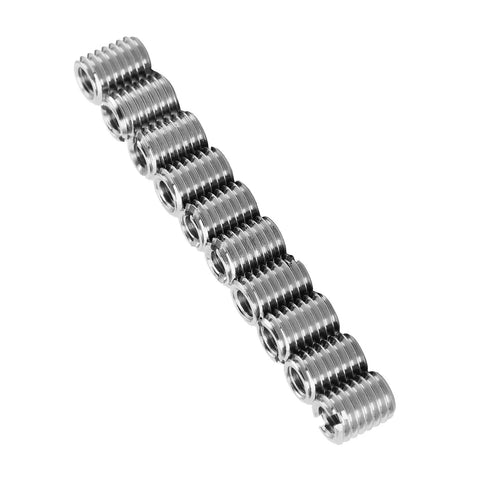 10 Piece Thread Repair Insert Kit For Cars And Machinery, Fix Stripped Threads Fast From M5x0.8 To M8x1.25, 0.4in Length, 303 Stainless Steel, Corrosion Resistant, Save Parts And Downtime With Easy DIY Install. Thread inserts stacked on white background