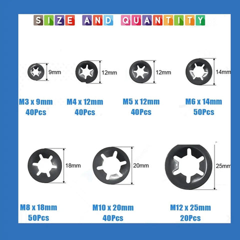 Internal Tooth Lock Washers And Push-On Locking Washers Kit With Speed Clips And Star Fasteners, Assorted M3 To M12 size chart