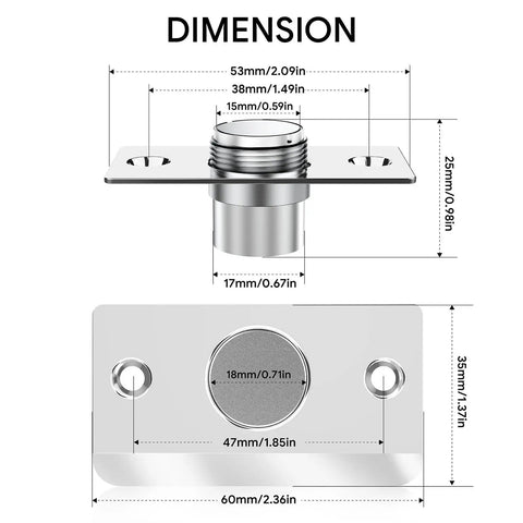 Dimensions of Adjustable Hidden Magnetic Door Ball Catch Hardware With Stainless Steel Strike Plate, 2 Pack Silver
