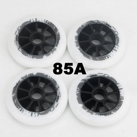 Inline Skate Wheels Replacement 3 Or 4 Pack 85A Built Tough for Indoor Outdoor Use, showing four durable 85A wheels with black hubs.