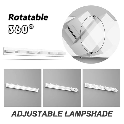 Dimmable 6 Light LED Vanity Fixture For Modern Bathroom Over Mirror with rotatable and adjustable lampshade feature.