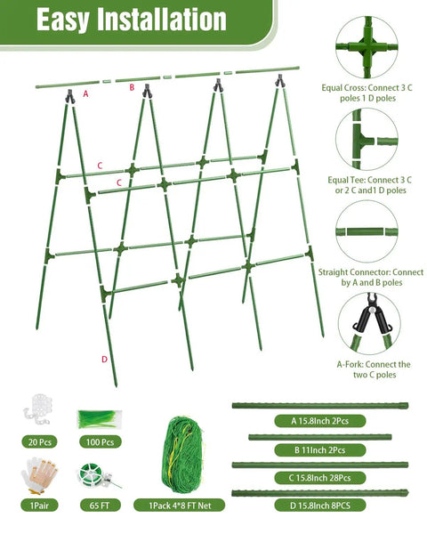 Diagram of Adjustable A-Frame Garden Trellis For Raised Beds With Climbing Net And Plant Clips, showing assembly instructions.