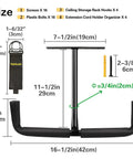 Diagram showing dimensions of Overhead Garage Storage 4 Pack Hooks Set, includes cord holder and mounting screws, in black.