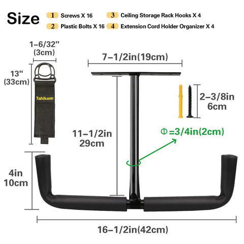 Diagram showing dimensions of Overhead Garage Storage 4 Pack Hooks Set, includes cord holder and mounting screws, in black.