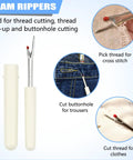 Seam ripper tool demonstrating uses for thread cutting, cross stitch threading, buttonhole cutting for trousers, and clothing thread removal.