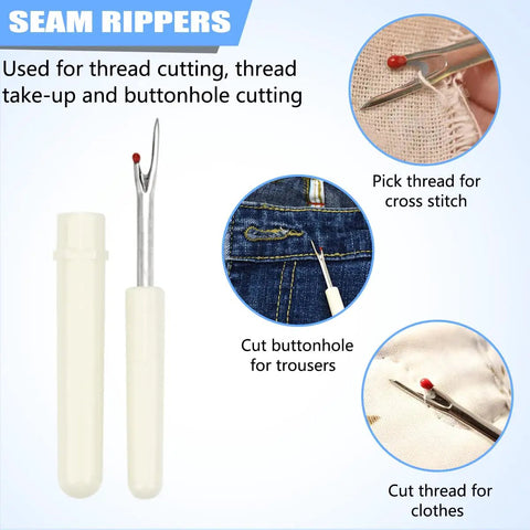 Seam ripper tool demonstrating uses for thread cutting, cross stitch threading, buttonhole cutting for trousers, and clothing thread removal.