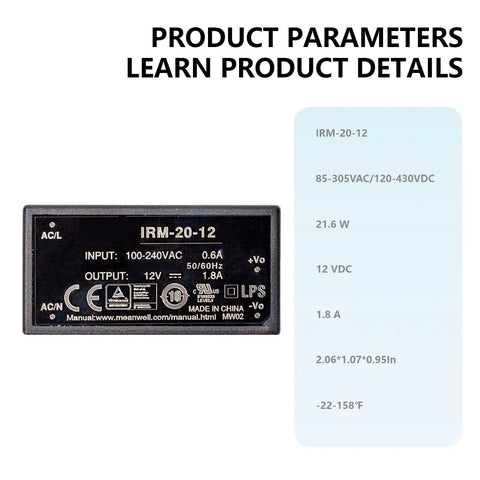 Compact Mini AC DC Power Supply Module Brings Solid 12 Volt 1.8 Amp Juice to Industrial Automation with product specifications on display.
