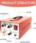 Red 30A Jewelry Spot Welder With Dual Mode Power For Fine Wire Welding, featuring precise controls and labeled components.