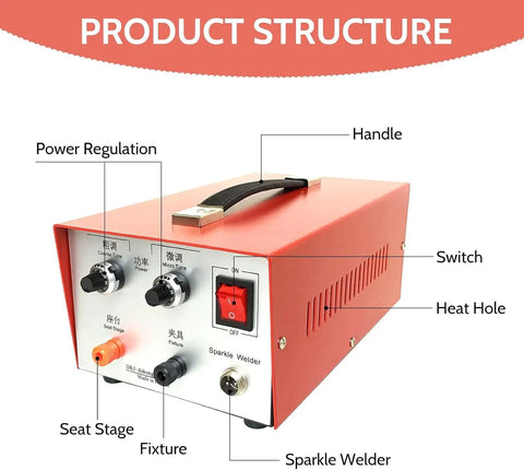 Red 30A Jewelry Spot Welder With Dual Mode Power For Fine Wire Welding, featuring precise controls and labeled components.