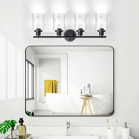 4 Light Vanity Lights Black Wall Sconce With Clear Glass Over Mirror in modern bathroom setup