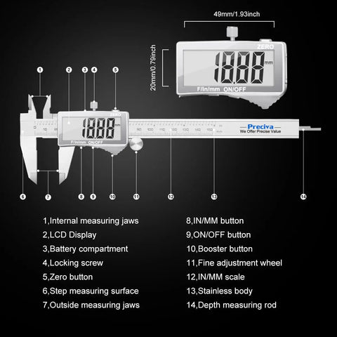 Digital Caliper With Large LCD Screen For DIYers And Pros, Pro Grade Stainless Steel Measuring Tool With features labeled